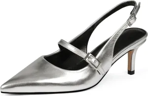 Uacllcau Slingback Kitten Heels for Women Pointed Toe Stiletto Heels Slip On Metallic Slingback Pumps Dress Work Bride Wedding Heeled Sandals Shoes