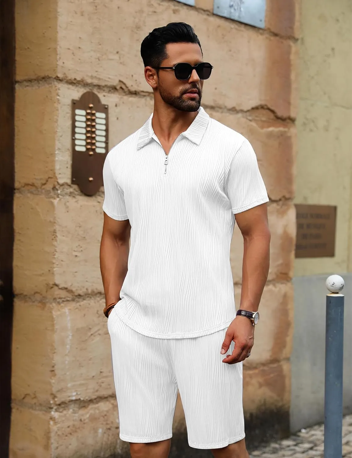 URRU Men's 2 Piece Short Set Summer Outfits Fashion Casual Short Sleeve Polo Shirt and Short Set