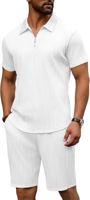 URRU Men's 2 Piece Short Set Summer Outfits Fashion Casual Short Sleeve Polo Shirt and Short Set