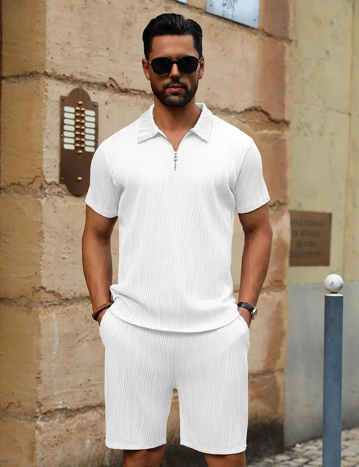 URRU Men's 2 Piece Short Set Summer Outfits Fashion Casual Short Sleeve Polo Shirt and Short Set