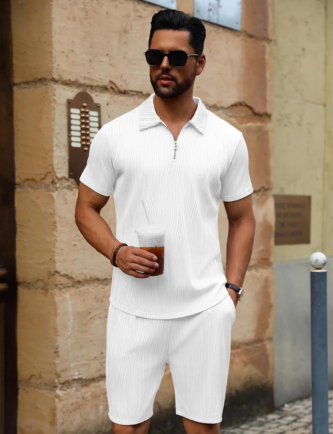 URRU Men's 2 Piece Short Set Summer Outfits Fashion Casual Short Sleeve Polo Shirt and Short Set