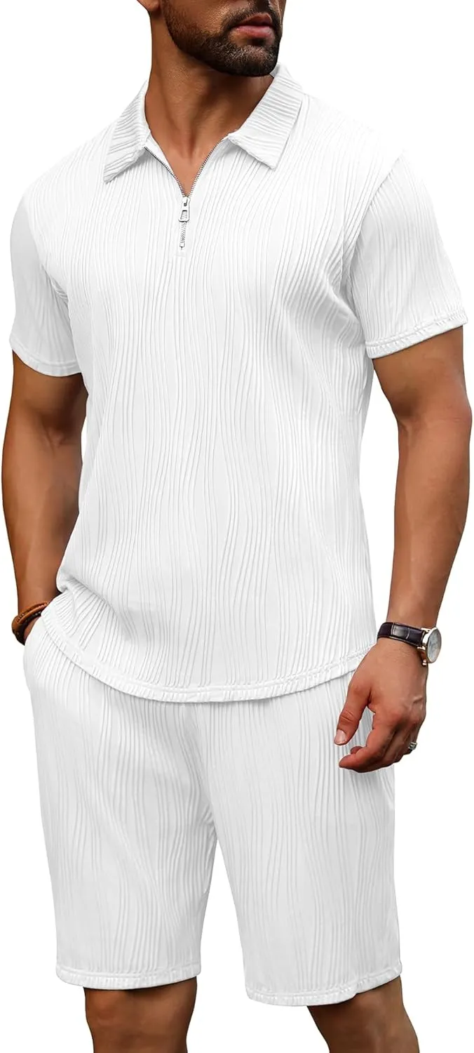 URRU Men's 2 Piece Short Set Summer Outfits Fashion Casual Short Sleeve Polo Shirt and Short Set