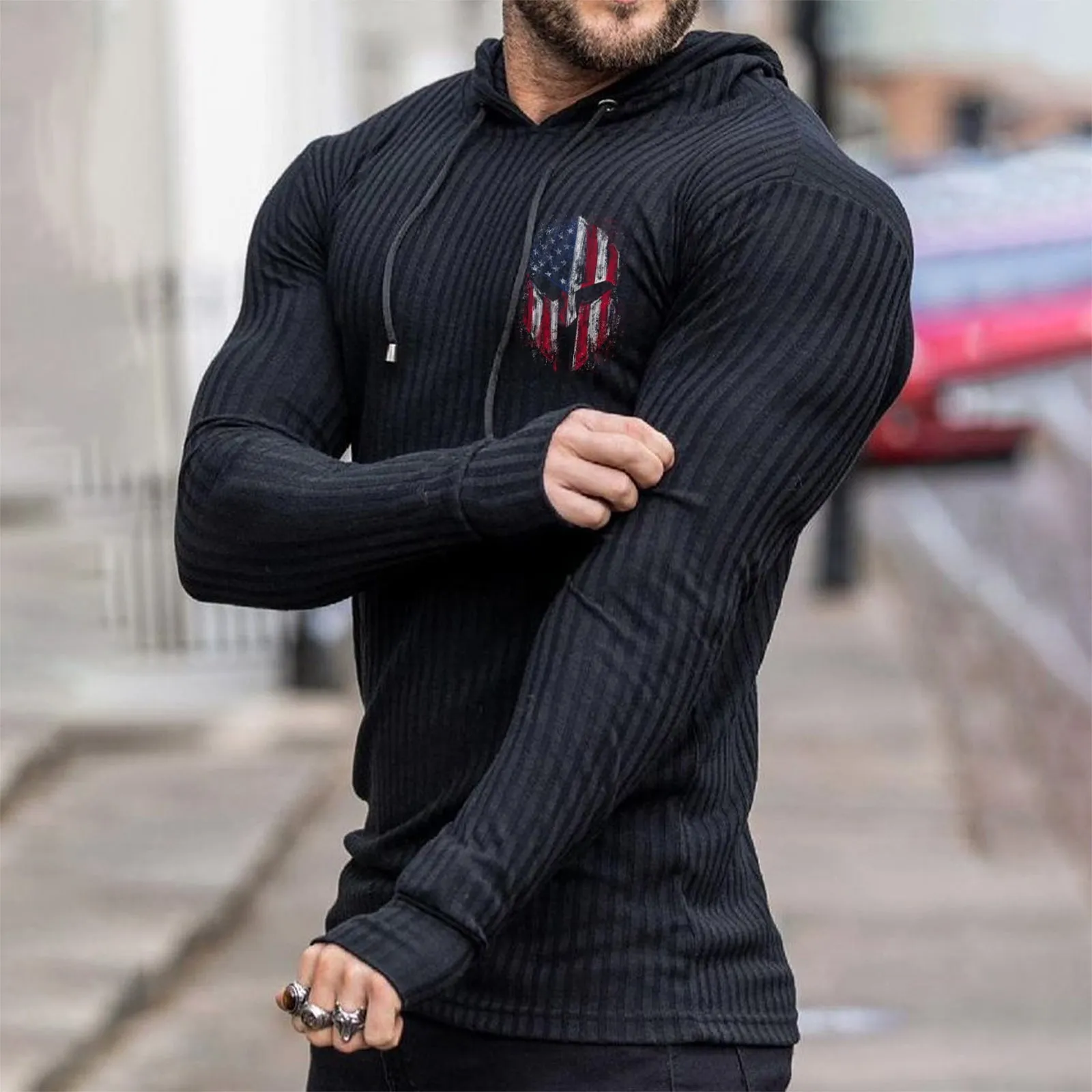USA FLAG SPARTAN STRIPED GRAPHIC KNITTED HOODIE