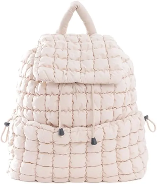 VAKAER Puffer Backpack for Women Lightweight Quilted Hiker Pack Drawstring Padding Backpacks for Travel Gym (Beige)