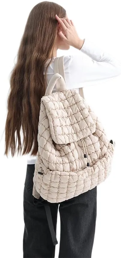 VAKAER Puffer Backpack for Women Lightweight Quilted Hiker Pack Drawstring Padding Backpacks for Travel Gym (Beige)