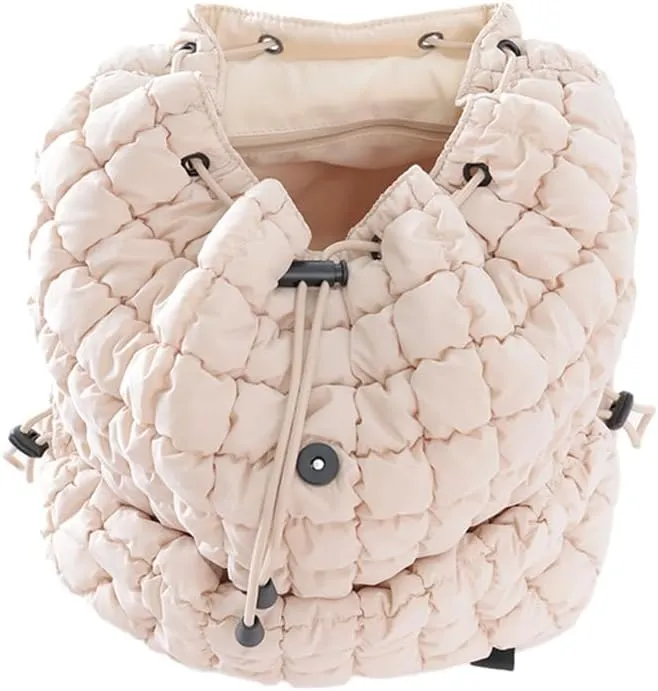 VAKAER Puffer Backpack for Women Lightweight Quilted Hiker Pack Drawstring Padding Backpacks for Travel Gym (Beige)
