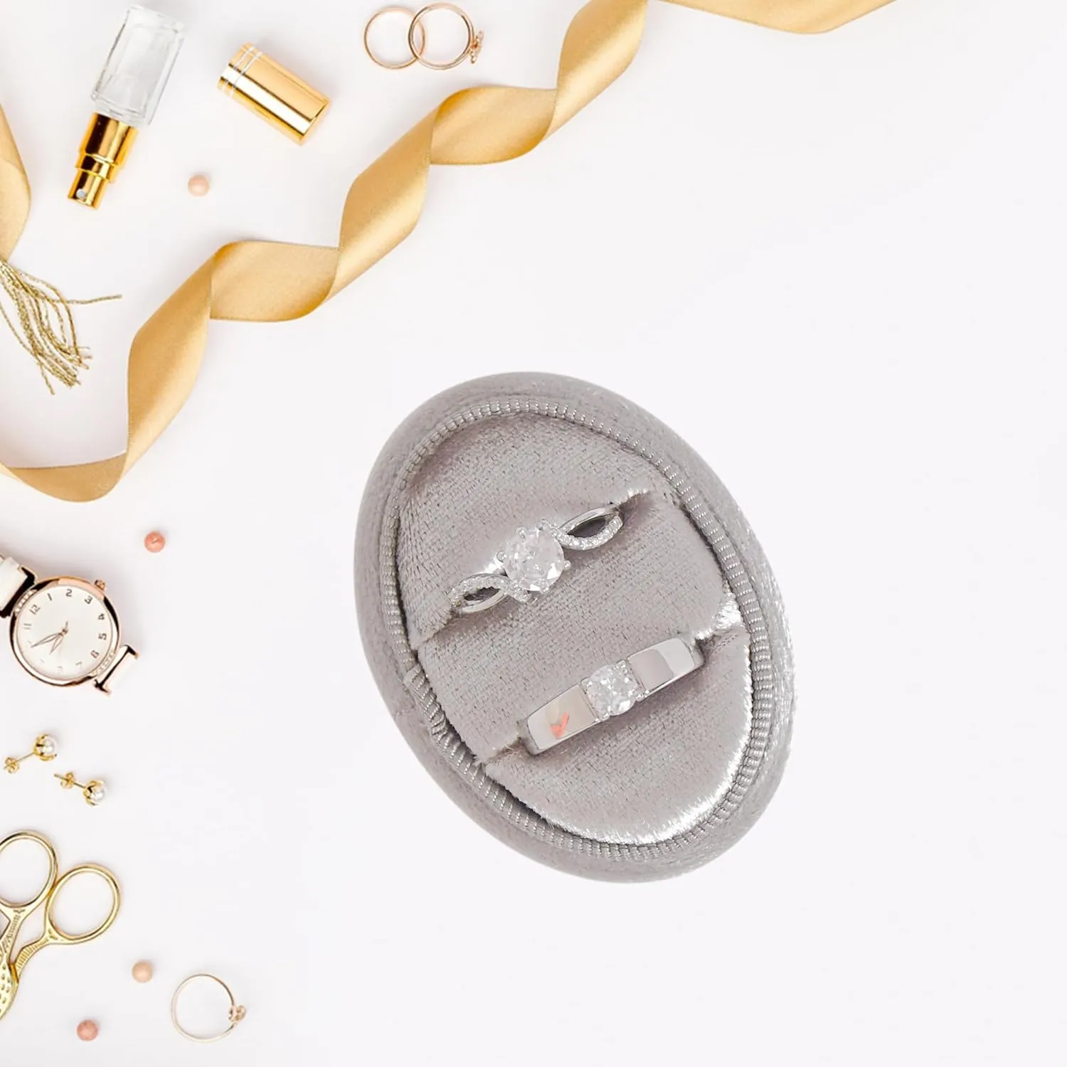 Velvet Jewelry Ring Box, 2 Slots Oval Ring Gift Box Vintage Ring Display Holder Case for Wedding Ceremony Proposal Engagement(Grey)