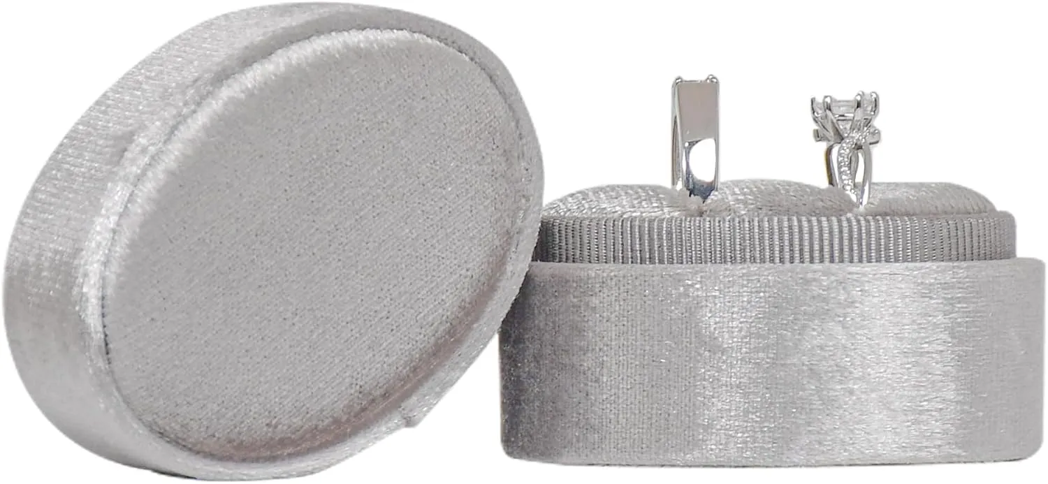 Velvet Jewelry Ring Box, 2 Slots Oval Ring Gift Box Vintage Ring Display Holder Case for Wedding Ceremony Proposal Engagement(Grey)
