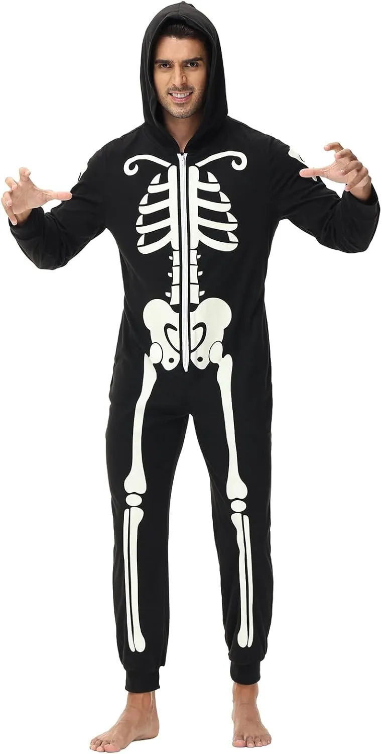 Veseacky Matching Family Pajamas Sets Skeleton Glow in Dark Jumpsuit Halloween Hooded One-Piece Zipper PJS Family Jammies