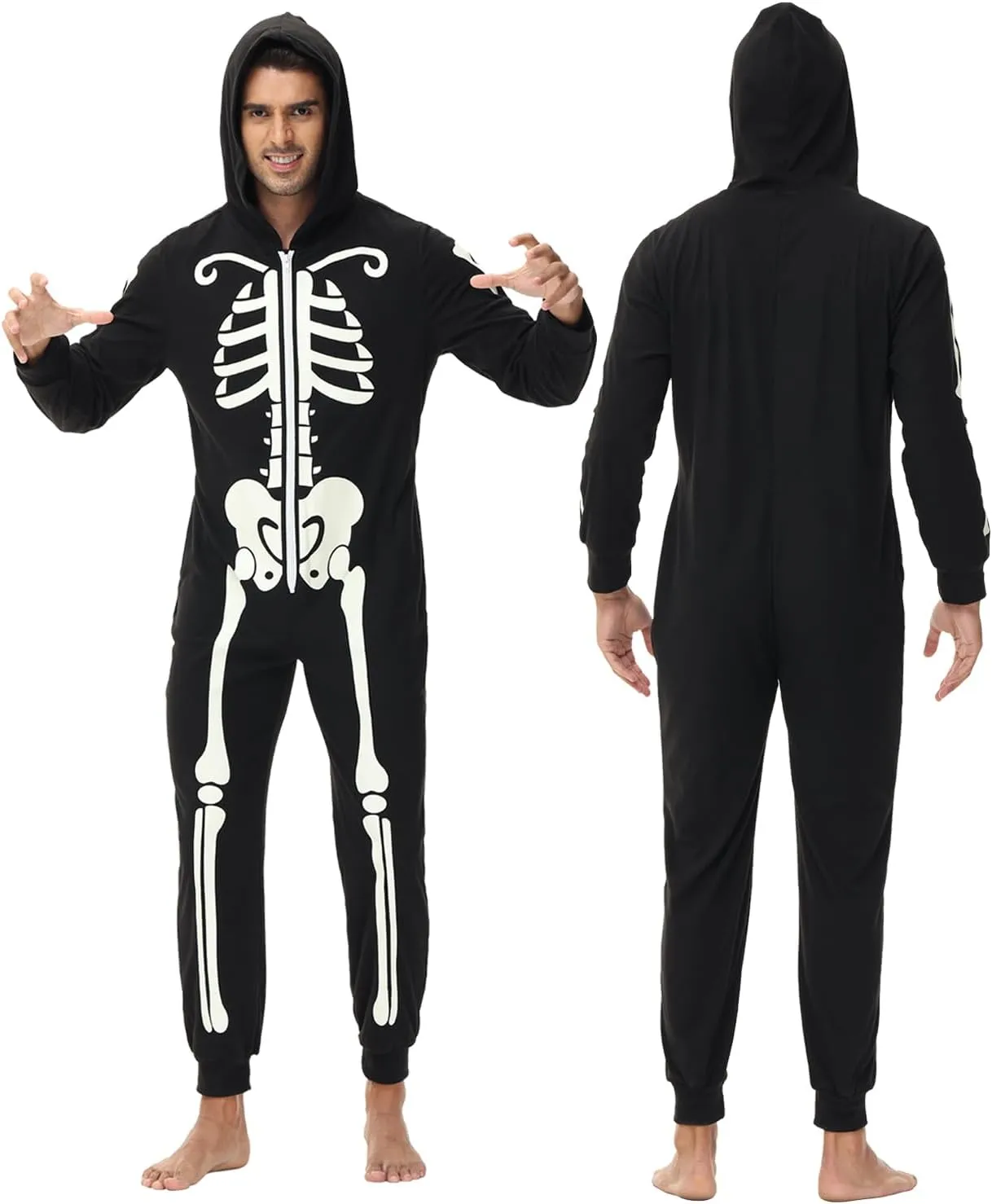 Veseacky Matching Family Pajamas Sets Skeleton Glow in Dark Jumpsuit Halloween Hooded One-Piece Zipper PJS Family Jammies