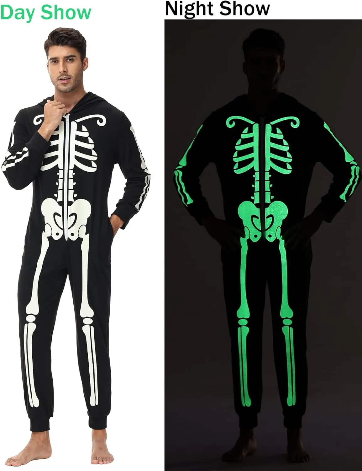 Veseacky Matching Family Pajamas Sets Skeleton Glow in Dark Jumpsuit Halloween Hooded One-Piece Zipper PJS Family Jammies