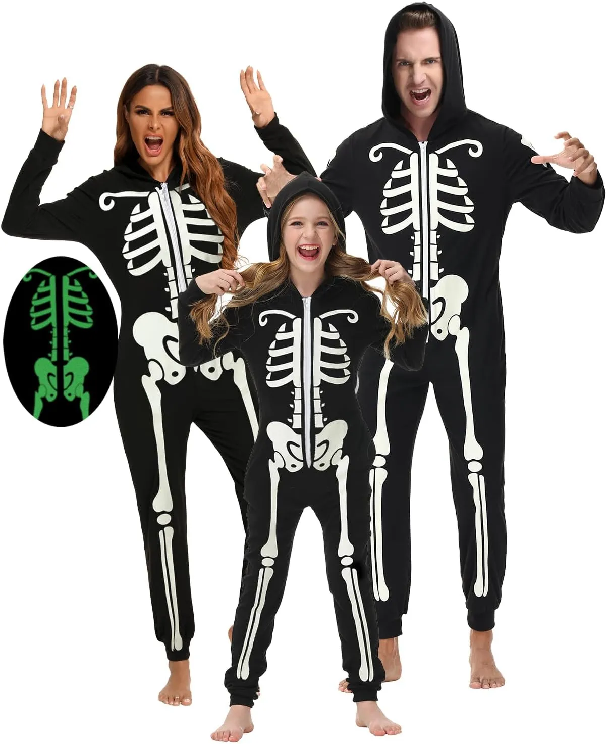 Veseacky Matching Family Pajamas Sets Skeleton Glow in Dark Jumpsuit Halloween Hooded One-Piece Zipper PJS Family Jammies