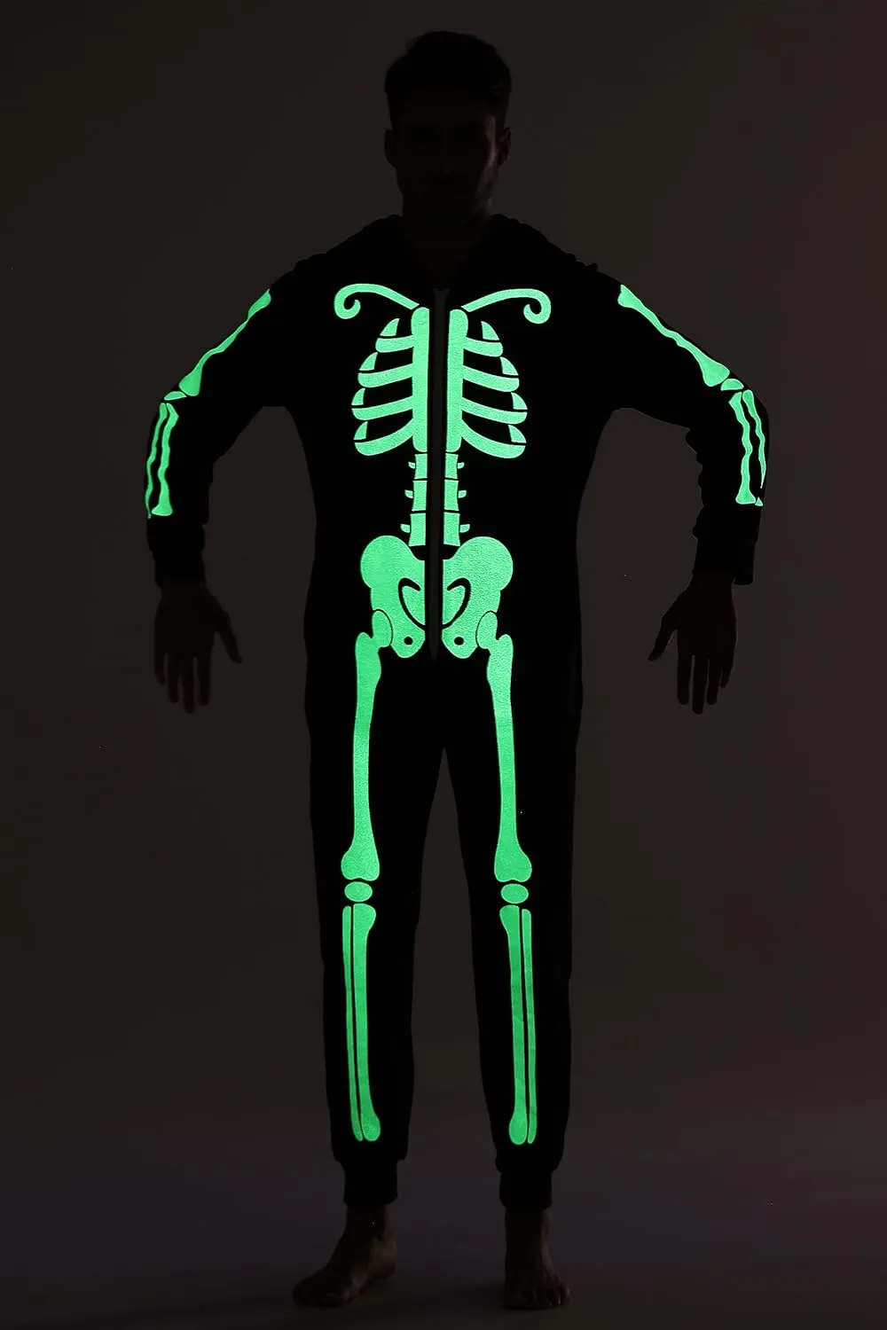 Veseacky Matching Family Pajamas Sets Skeleton Glow in Dark Jumpsuit Halloween Hooded One-Piece Zipper PJS Family Jammies