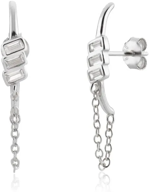 VIFE 925 Sterling Silver Cuff Stud Earrings Crawler for Women Cubic Zirconia Drop Earrings Chain Studs