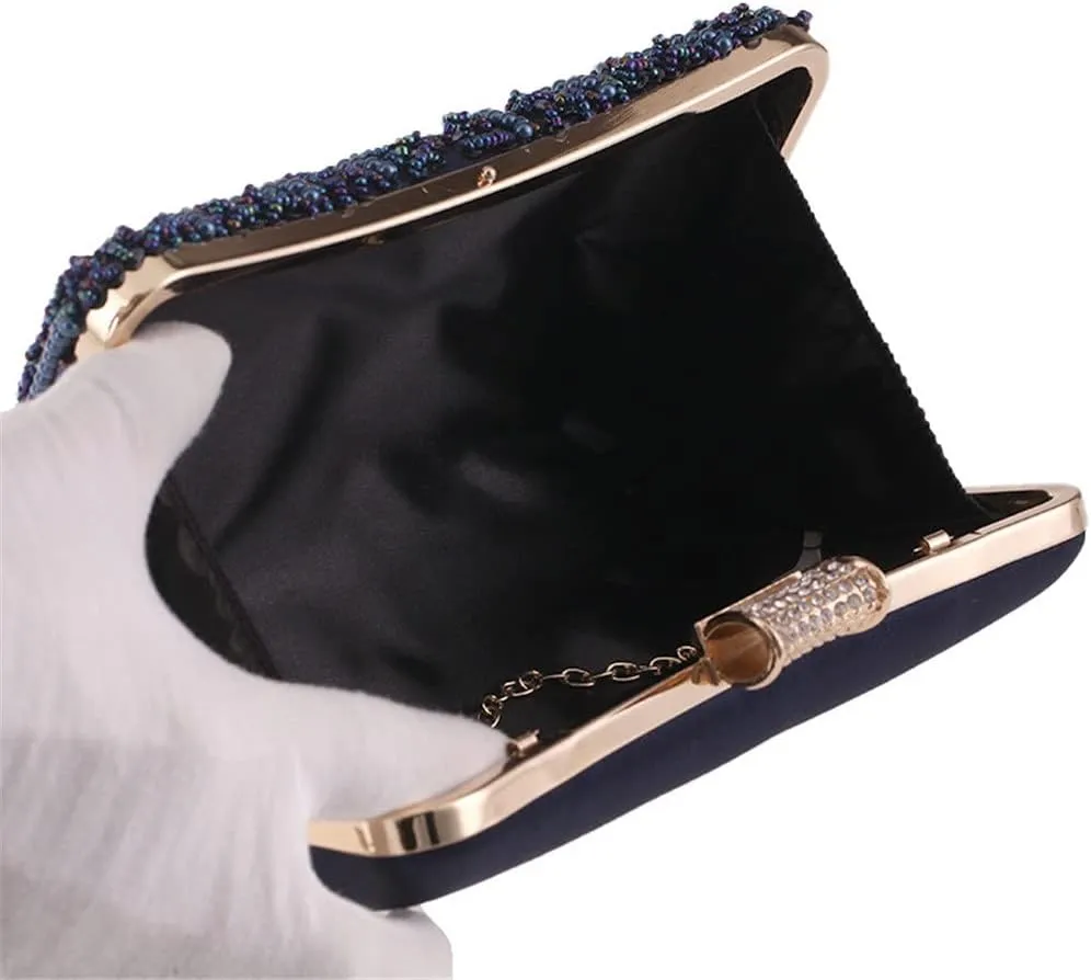 Vintage Beaded Women Evening Bags Embroidery Diamonds Clutch Bag with Chain Shoulder Messenger Purse(D)