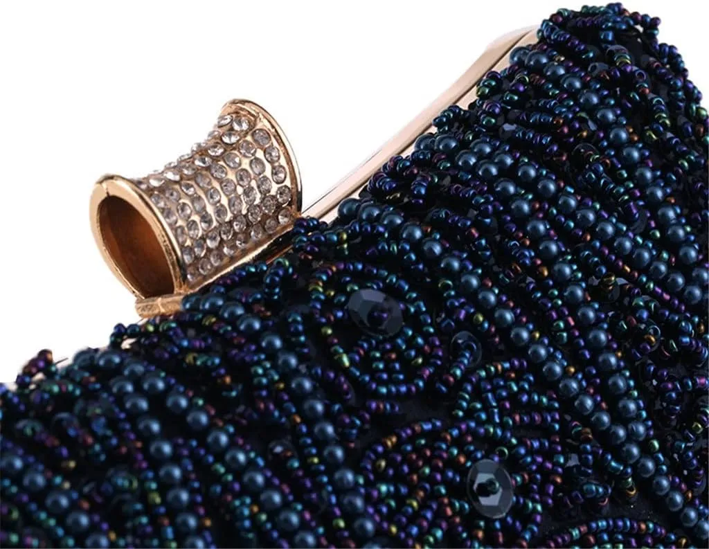 Vintage Beaded Women Evening Bags Embroidery Diamonds Clutch Bag with Chain Shoulder Messenger Purse(D)