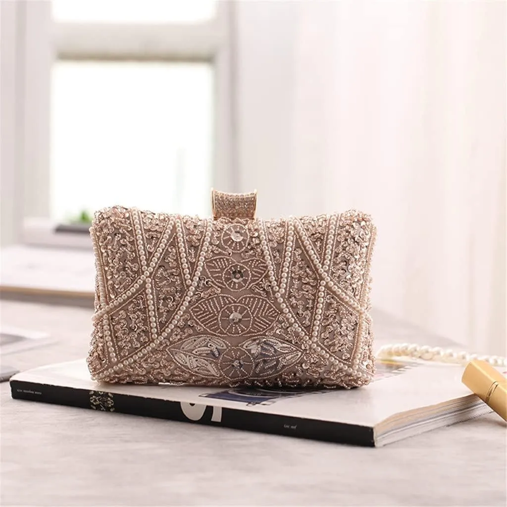 Vintage Beaded Women Evening Bags Embroidery Diamonds Clutch Bag with Chain Shoulder Messenger Purse(D)