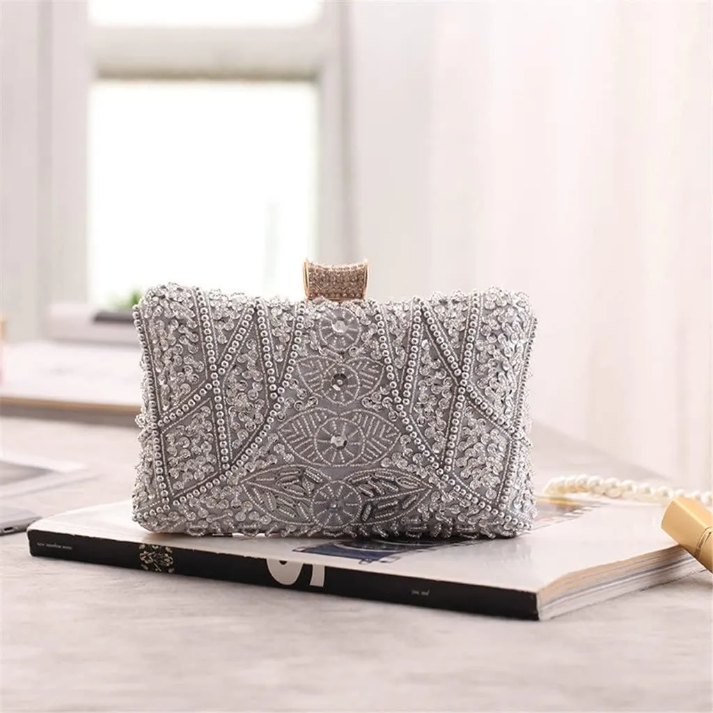 Vintage Beaded Women Evening Bags Embroidery Diamonds Clutch Bag with Chain Shoulder Messenger Purse(D)