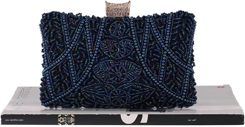 Vintage Beaded Women Evening Bags Embroidery Diamonds Clutch Bag with Chain Shoulder Messenger Purse(D)