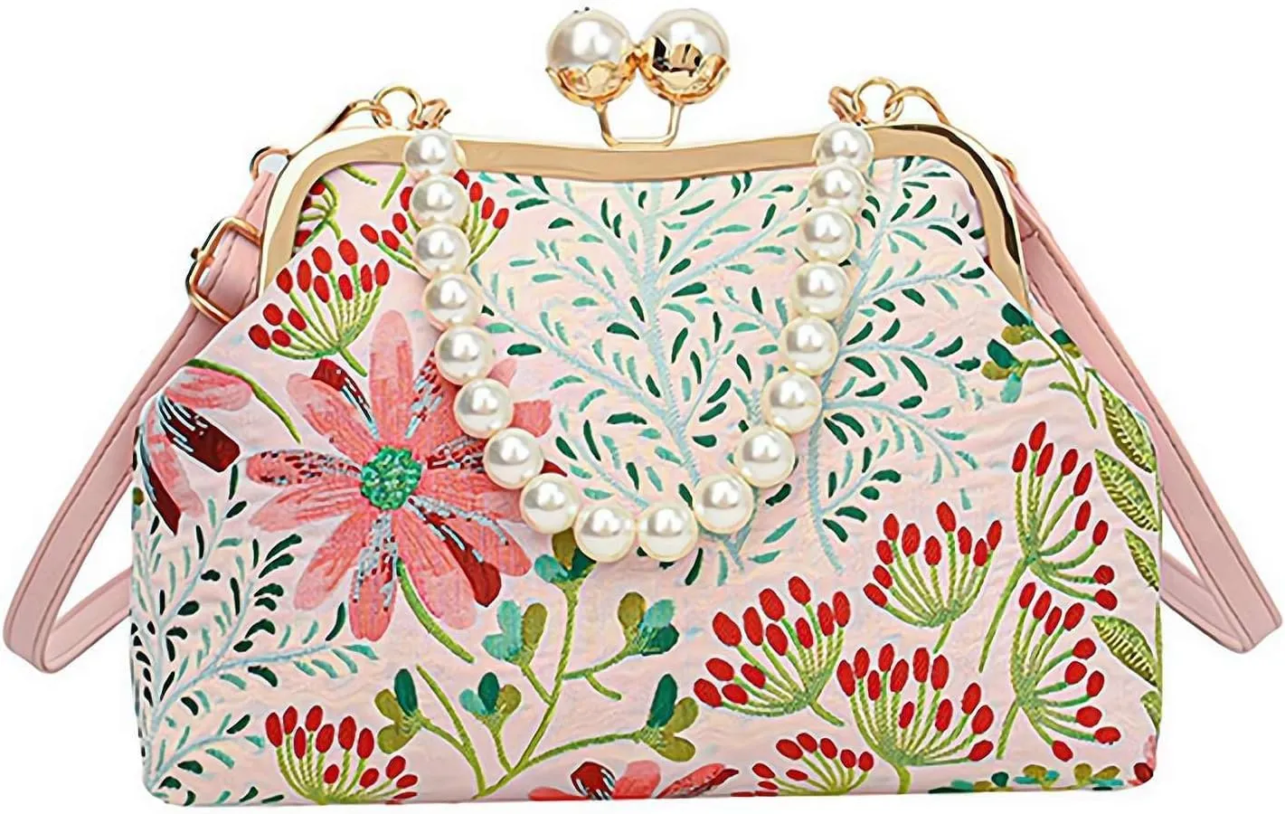 Vintage Embroidered Flower Handbag,Shoulder Chain Messenger Clutch,Chinese Style Embroidery Crossbody Bag Evening Bag (Pink)