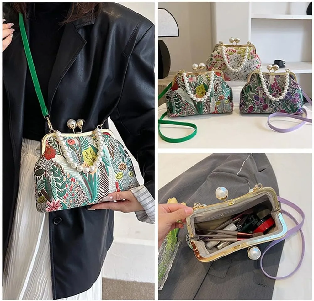 Vintage Embroidered Flower Handbag,Shoulder Chain Messenger Clutch,Chinese Style Embroidery Crossbody Bag Evening Bag (Pink)