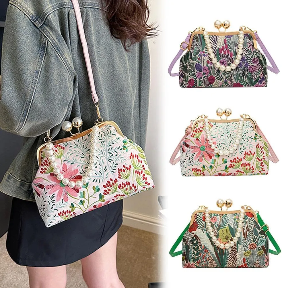 Vintage Embroidered Flower Handbag,Shoulder Chain Messenger Clutch,Chinese Style Embroidery Crossbody Bag Evening Bag (Pink)