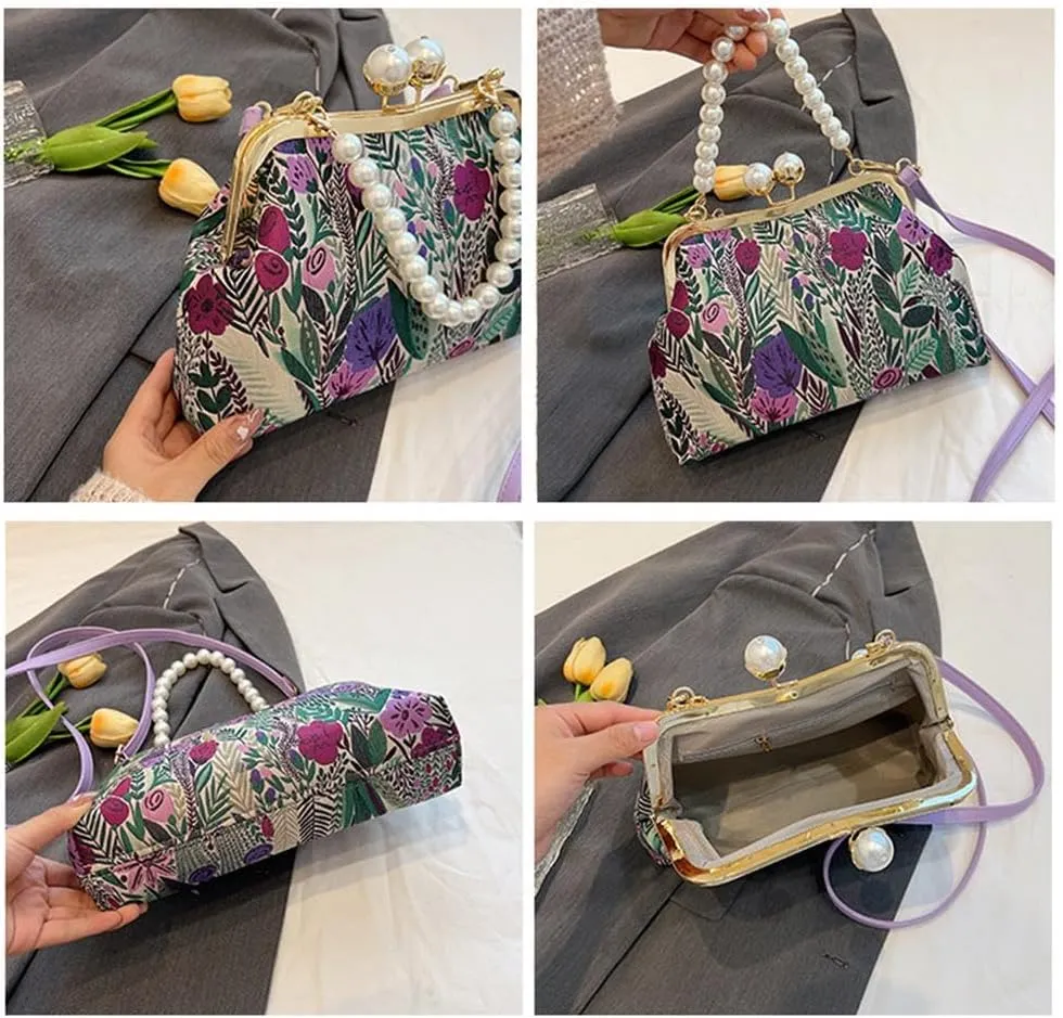 Vintage Embroidered Flower Handbag,Shoulder Chain Messenger Clutch,Chinese Style Embroidery Crossbody Bag Evening Bag (Pink)