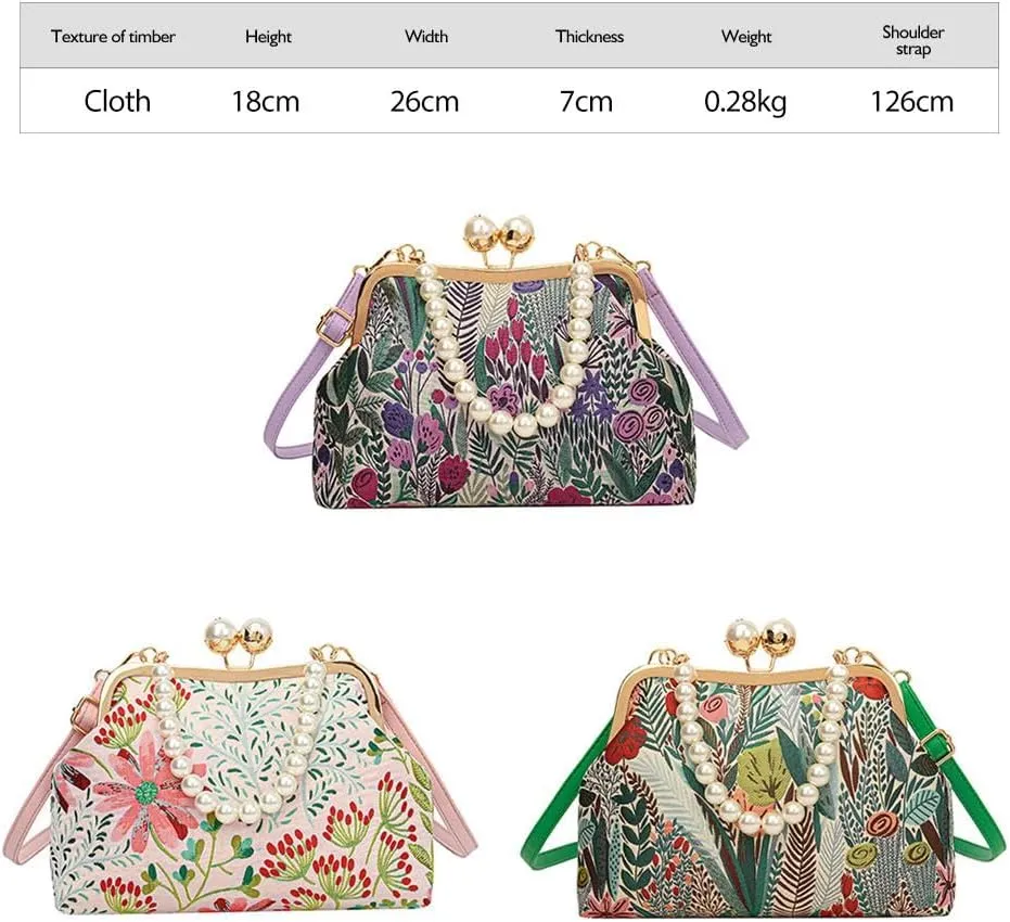 Vintage Embroidered Flower Handbag,Shoulder Chain Messenger Clutch,Chinese Style Embroidery Crossbody Bag Evening Bag (Pink)