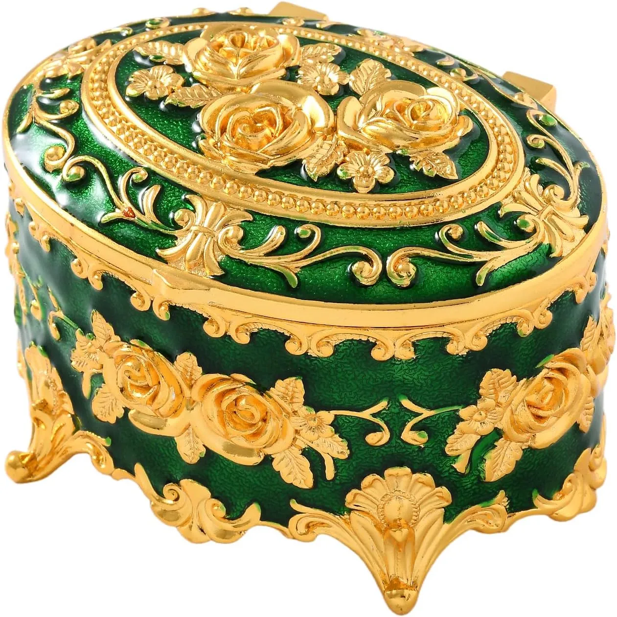 Vintage Jewelry Box, Gold Oval Treasure Ring Box, Metal Trinket Organizer Keepsake Box Gift for Girl Women, Green