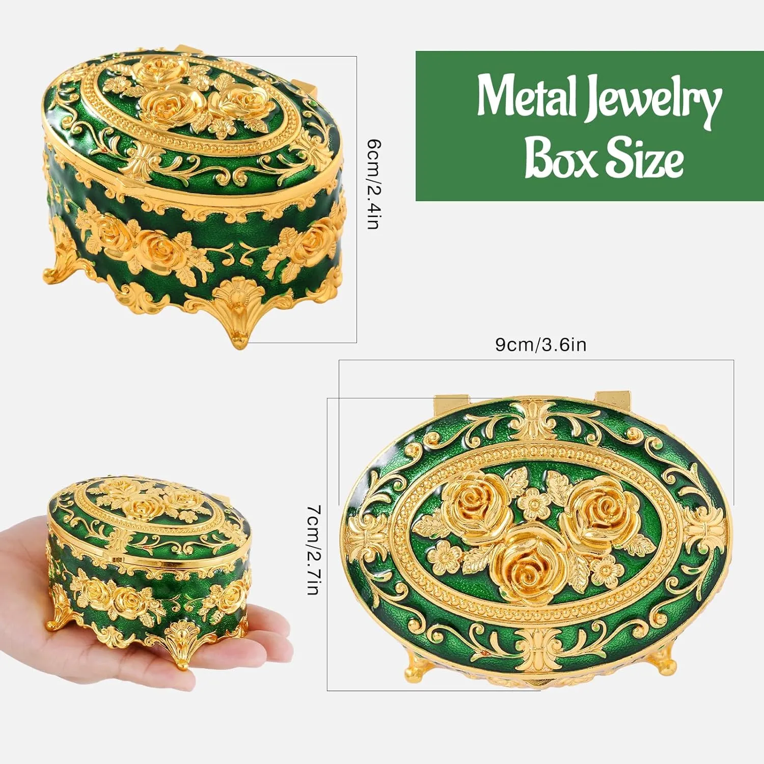 Vintage Jewelry Box, Gold Oval Treasure Ring Box, Metal Trinket Organizer Keepsake Box Gift for Girl Women, Green
