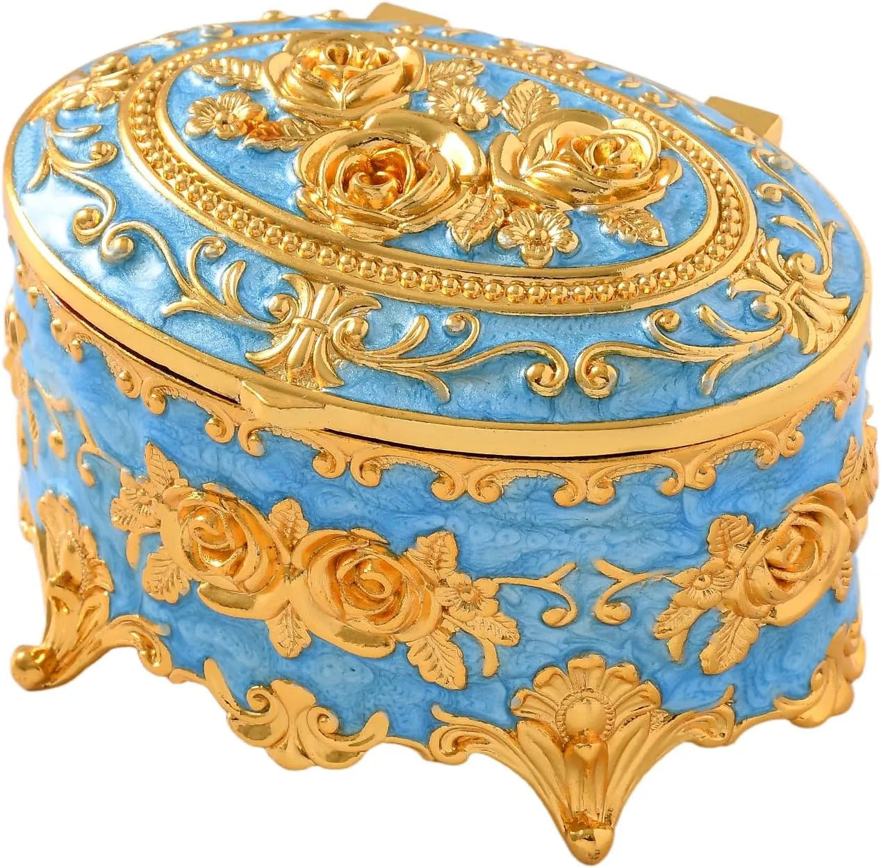 Vintage Jewelry Box, Gold Oval Treasure Ring Box, Metal Trinket Organizer Keepsake Box Gift for Girl Women, Light Blue