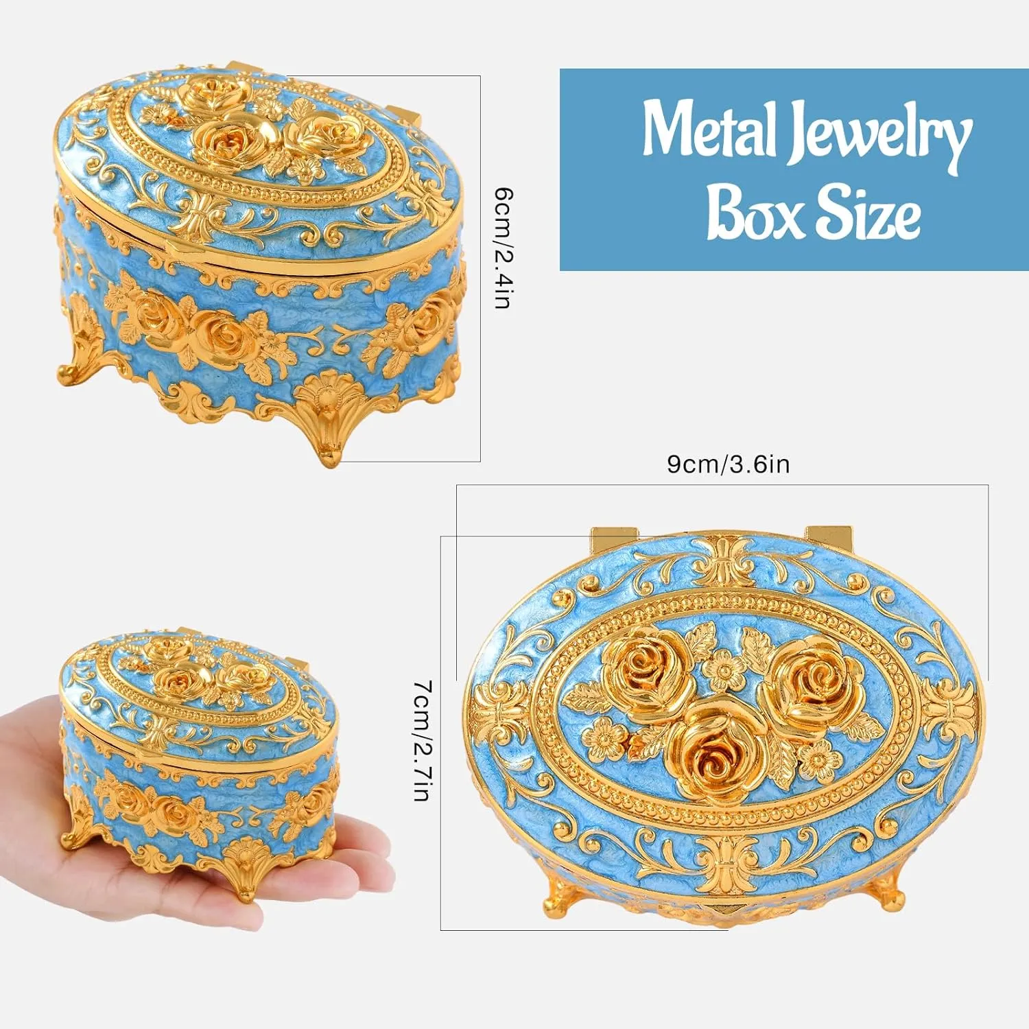 Vintage Jewelry Box, Gold Oval Treasure Ring Box, Metal Trinket Organizer Keepsake Box Gift for Girl Women, Light Blue