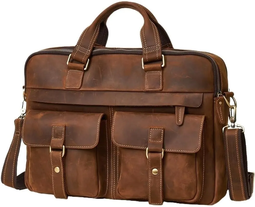 Waterproof Cowhide Messenger Bag 15.6 Inch Vintage Business Travel Briefcase Men Vacation Work Shoulder Strap