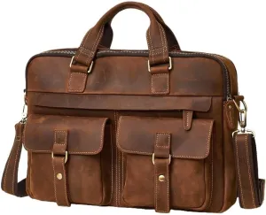 Waterproof Cowhide Messenger Bag 15.6 Inch Vintage Business Travel Briefcase Men Vacation Work Shoulder Strap