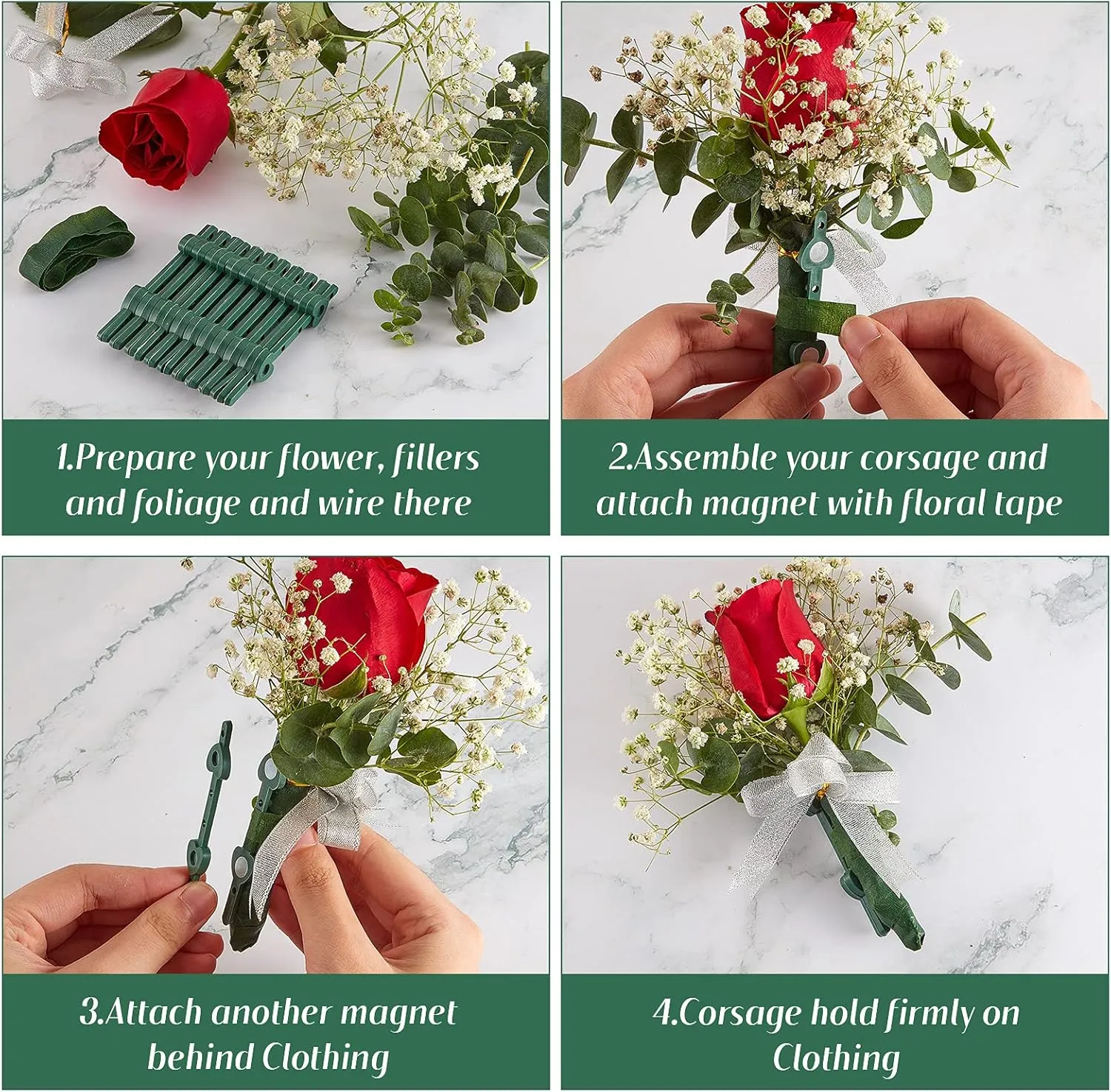 Waydress 24 Pieces Floral Boutonniere Magnets Corsage Brooches Magnet and Elastic Pearl Wrist Bands Wristlets Corsage Accessories for Handmade Wedding Prom Bride Boutonnieres (Green)