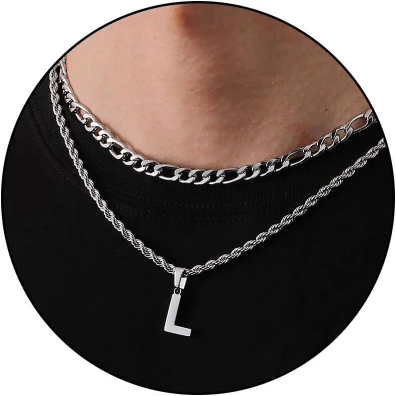 WEDDINEN Layered Initial Letter Pendant Necklace for Men Figaro Twist Rope Chain Necklace Jewelry Graduation Birthday Gift for Men Boys