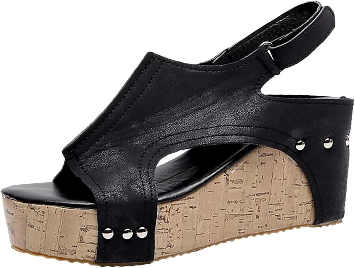 Wedge Sandal for Women Ankle Strap Flatform Arch Support Fish Mouth Toe Retro Platform Shoes Breathable Rubber Wide Cushion Open Slip on Chunky water slip fleece Leather Hollowed out P10-Black