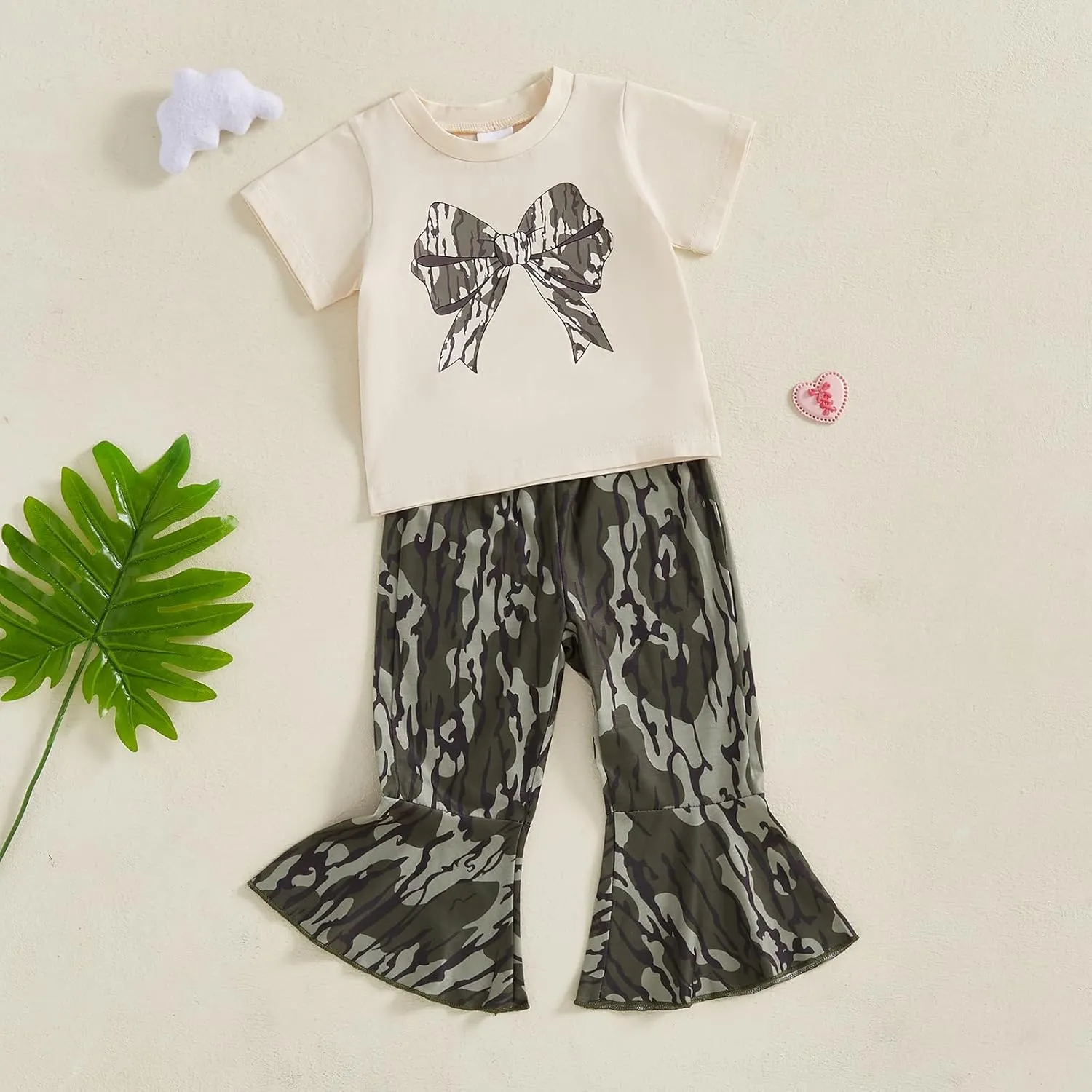 Western Baby Girl Clothes Bow Boots Short Sleeve Shirt Cow Print Flared Bell Bottom Pants 2Pcs Summer Cowgirl Outfit