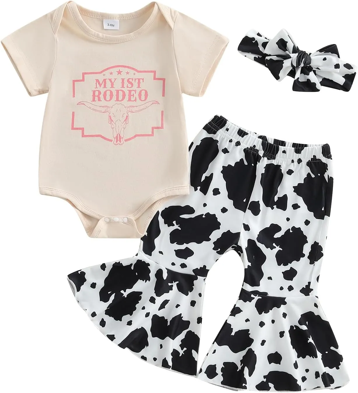 Western Baby Girl Cowgirl Outfit Cow Boots Print Short Sleeve Romper Flared Pants Headband Set Infant Summer Clothes