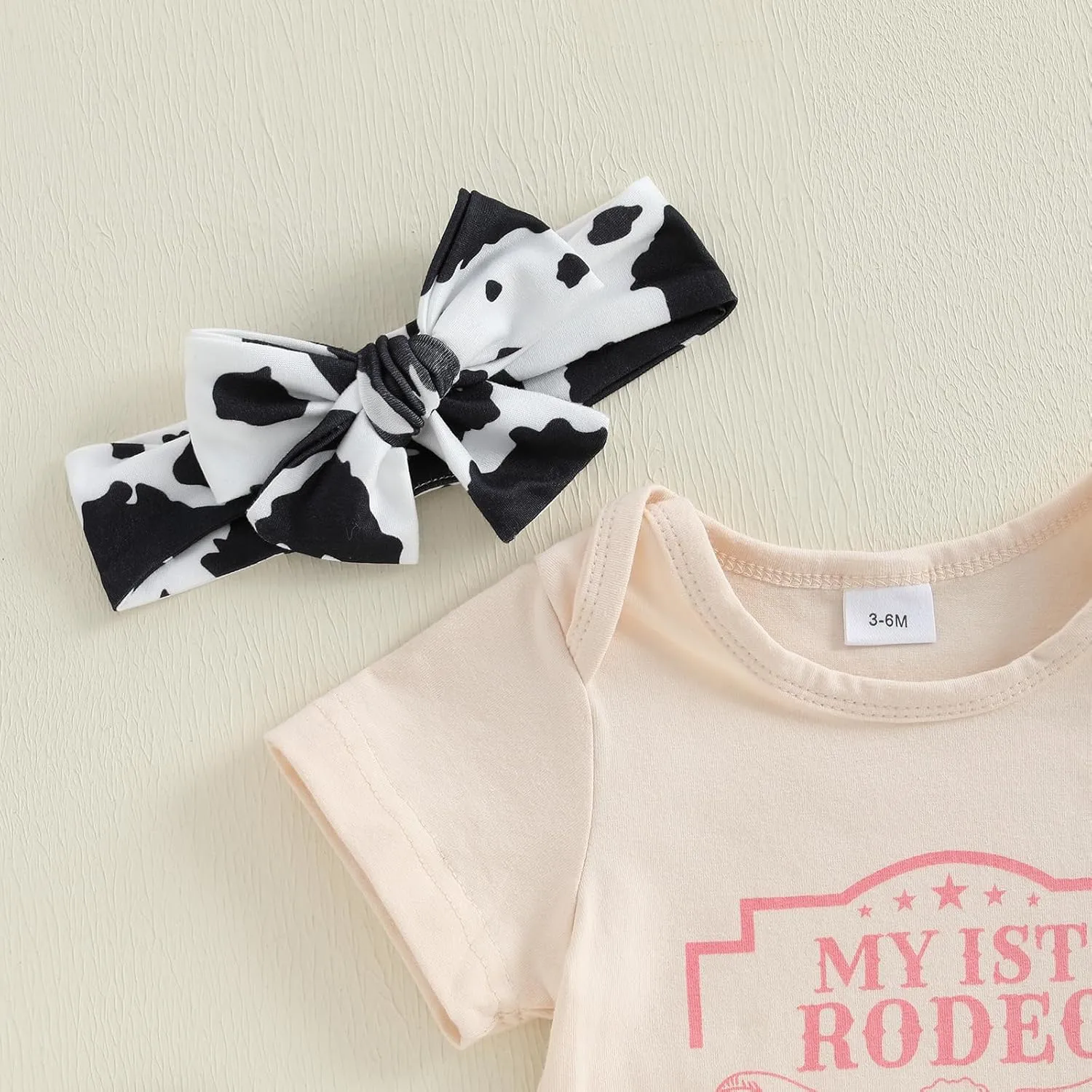 Western Baby Girl Cowgirl Outfit Cow Boots Print Short Sleeve Romper Flared Pants Headband Set Infant Summer Clothes