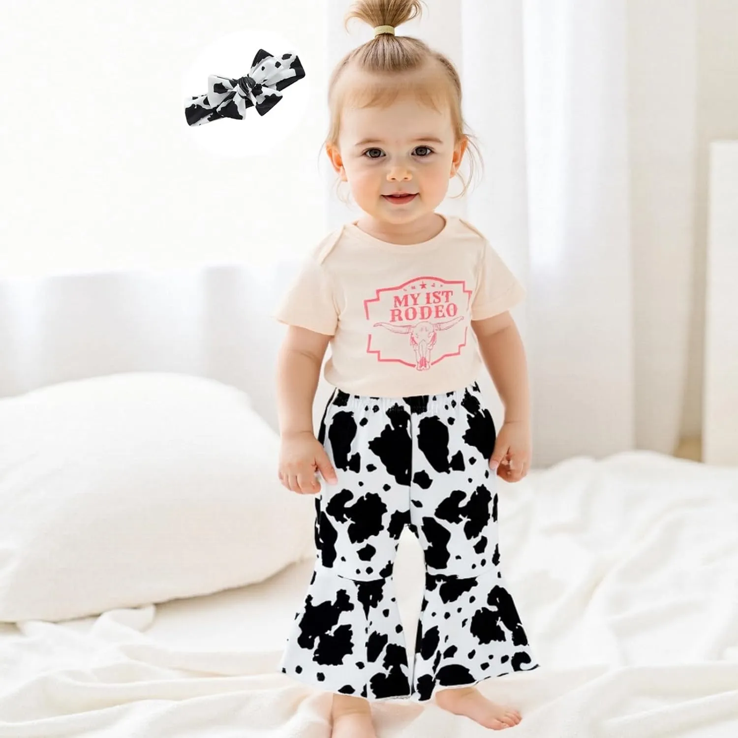 Western Baby Girl Cowgirl Outfit Cow Boots Print Short Sleeve Romper Flared Pants Headband Set Infant Summer Clothes