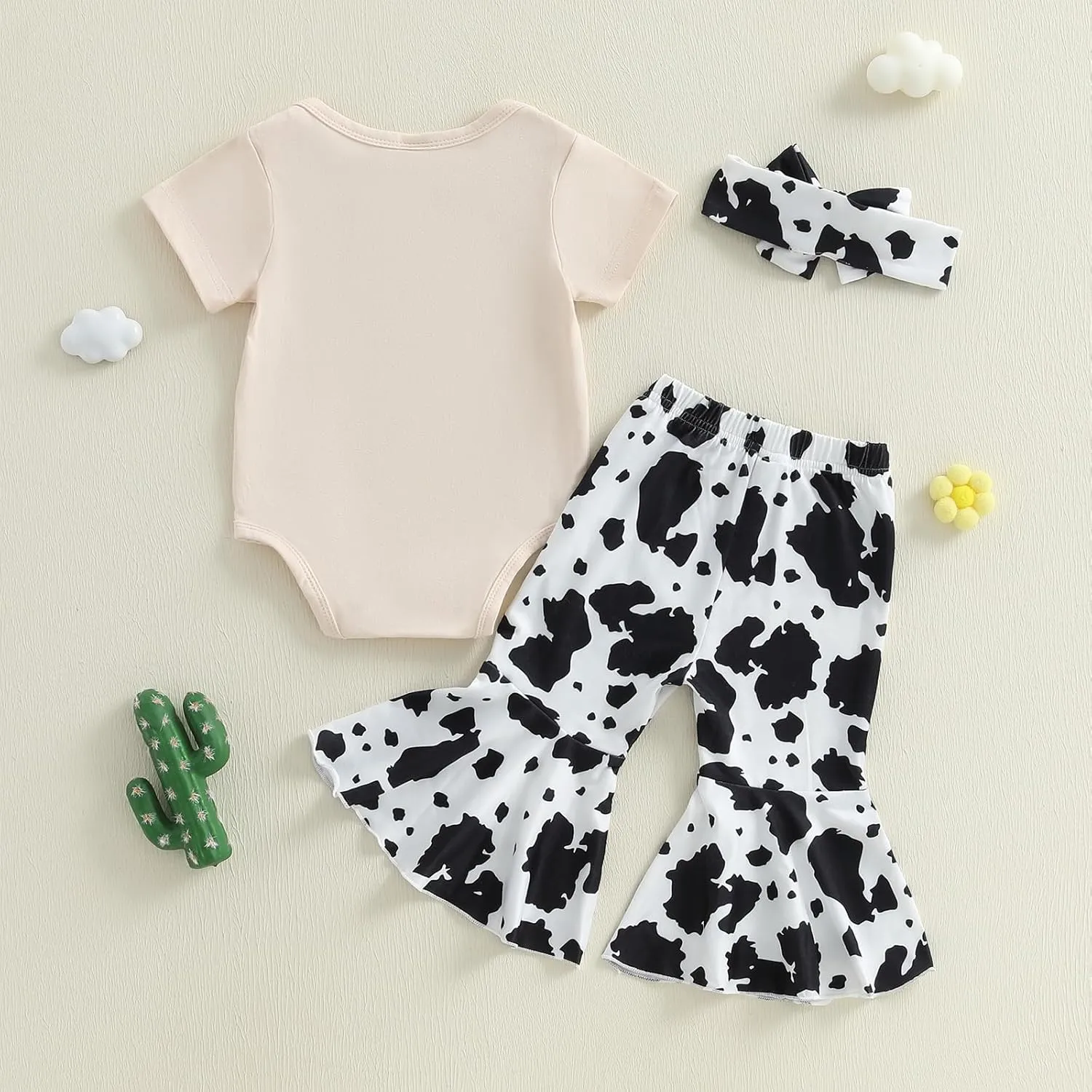 Western Baby Girl Cowgirl Outfit Cow Boots Print Short Sleeve Romper Flared Pants Headband Set Infant Summer Clothes