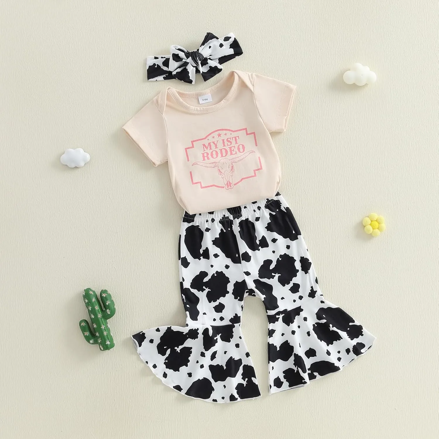 Western Baby Girl Cowgirl Outfit Cow Boots Print Short Sleeve Romper Flared Pants Headband Set Infant Summer Clothes
