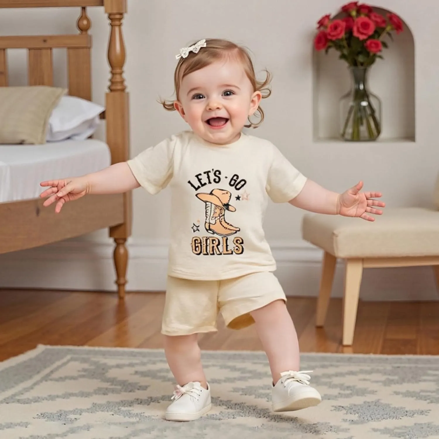 Western Baby Girl Outfit Cowgirl Boots Print Short Sleeve T-shirt Shorts Set Toddler Summer Clothes