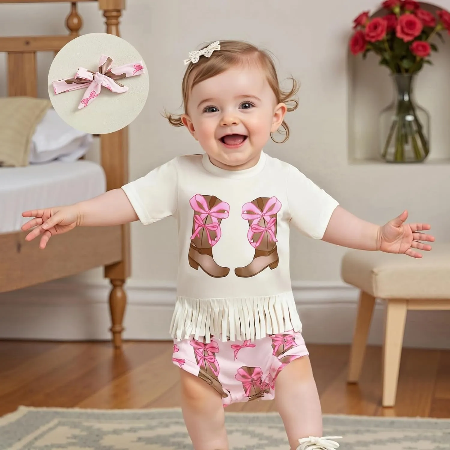 Western Baby Girl Summer Clothes Cow/Boot Short Sleeve Tassel T Shirt Bloomer Shorts Set 2Pcs Infant Cowgirl Outfit