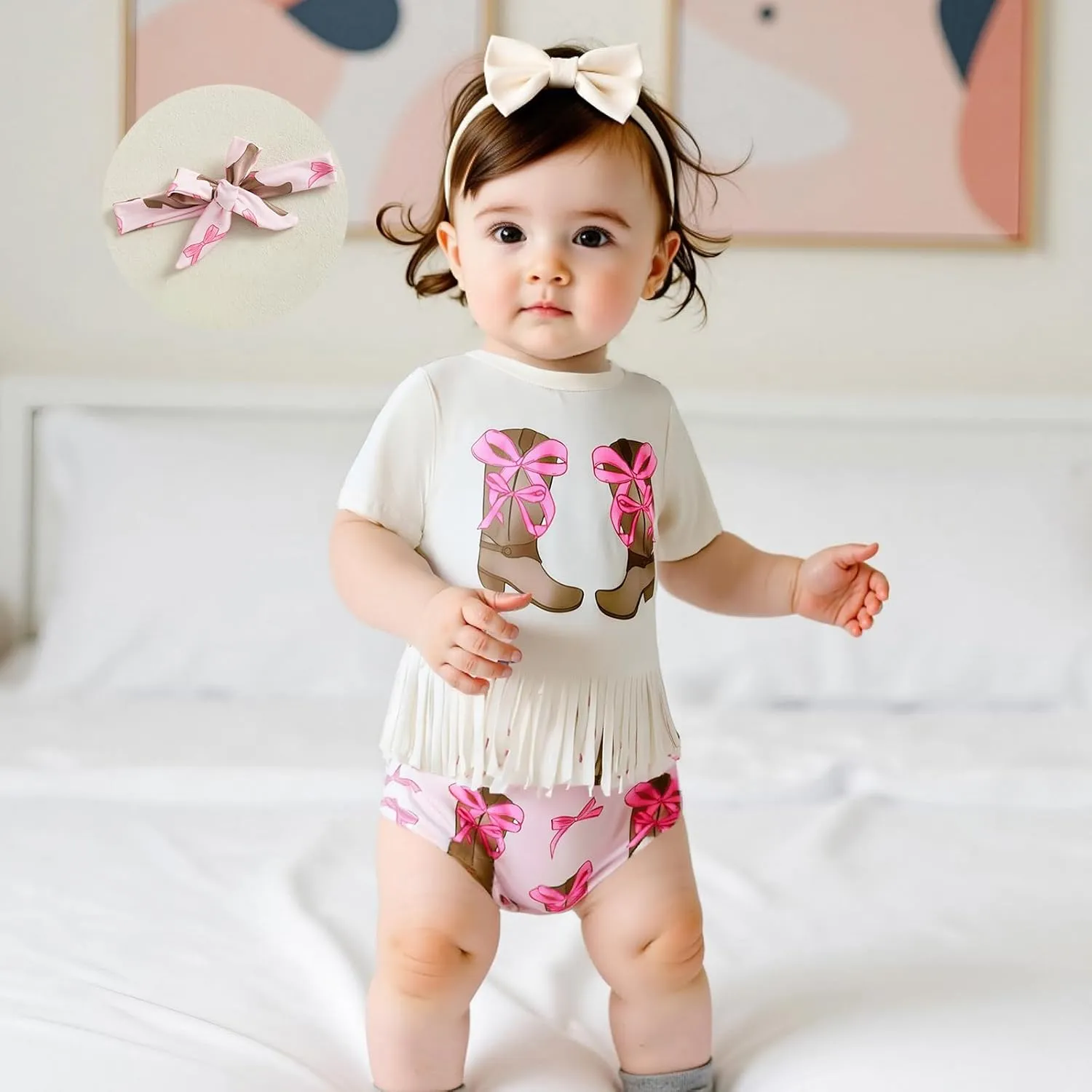 Western Baby Girl Summer Clothes Cow/Boot Short Sleeve Tassel T Shirt Bloomer Shorts Set 2Pcs Infant Cowgirl Outfit