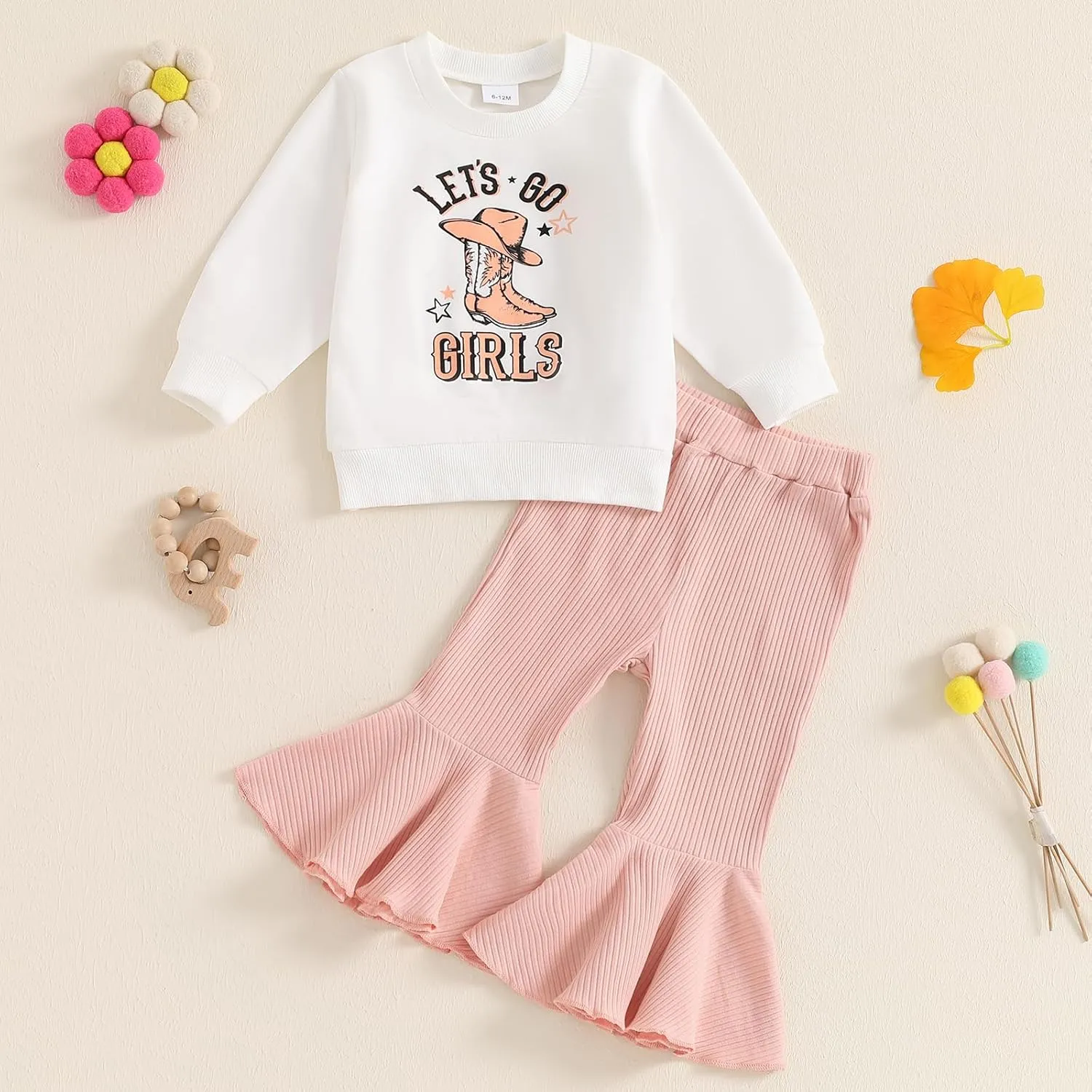 Western Toddler Baby Girl Outfit Set Bow Boots Print Long Sleeve Sweatshirt Ribbed Flare Pants 2pcs Fall Clothes