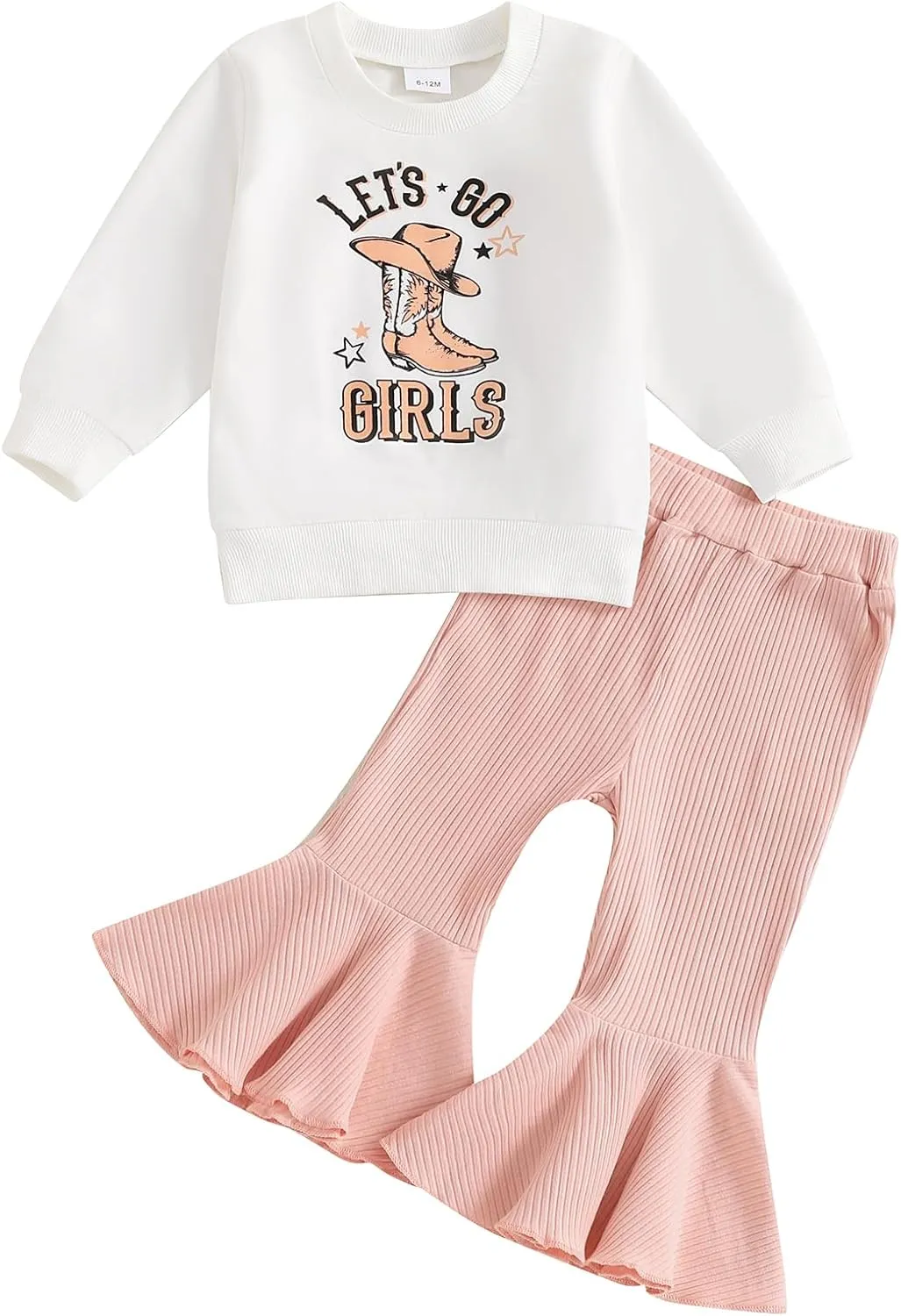 Western Toddler Baby Girl Outfit Set Bow Boots Print Long Sleeve Sweatshirt Ribbed Flare Pants 2pcs Fall Clothes