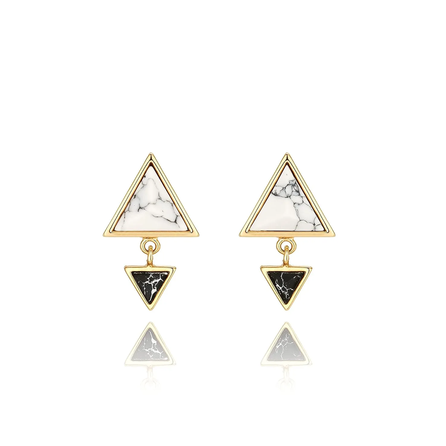 White and Black Simulated Howlite Double Triangle Minimal Dangle Stud Earrings