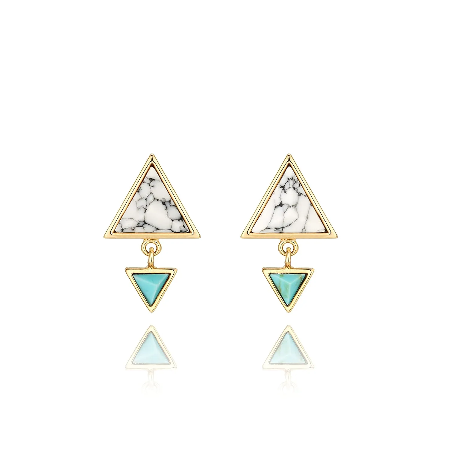 White Simulated Howlite and Simulated Turquoise Double Triangle Minimal Dangle Stud Earrings
